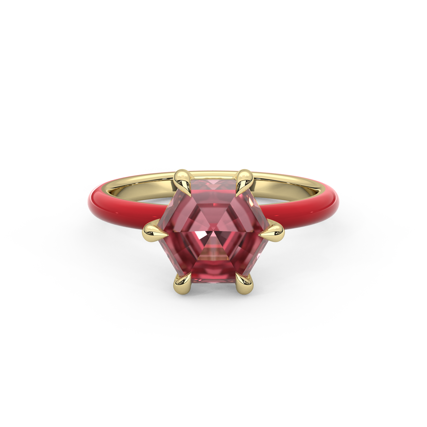 Sunset Pink Step Cut Hexagon Lab Sapphire Ring