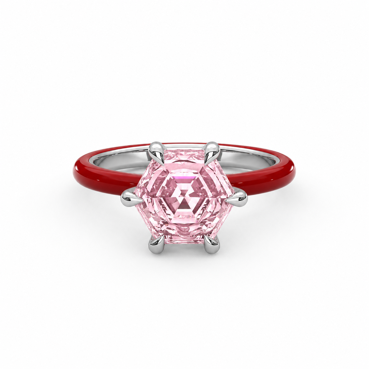 Light Pink Step Cut Hexagon Lab Sapphire Ring
