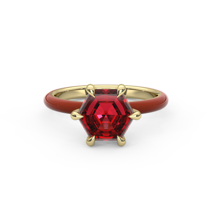 Ruby Red Step Cut Hexagon Lab Sapphire Ring