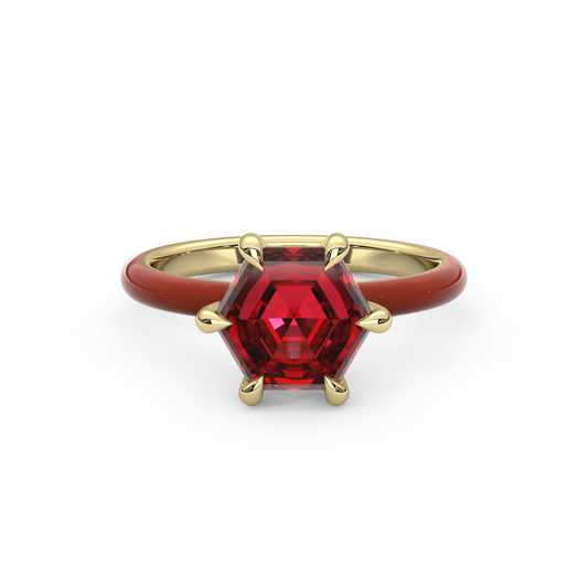 Ruby Red Step Cut Hexagon Lab Sapphire Ring