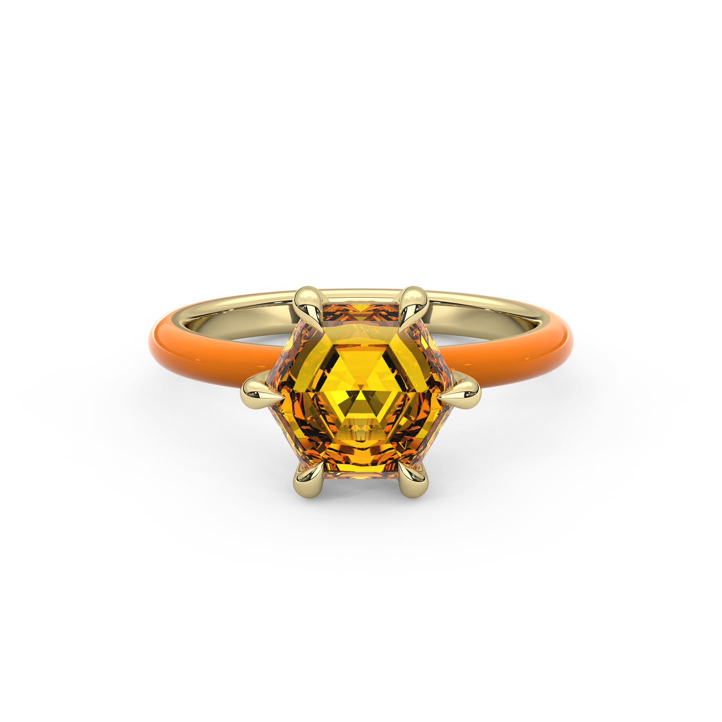 Orange Step Cut Hexagon Lab Sapphire Ring