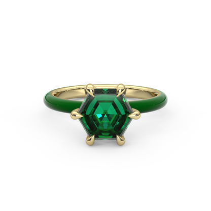 Emerald Green Step Cut Hexagon Lab Sapphire Ring