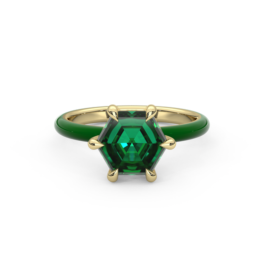 Emerald Green Step Cut Hexagon Lab Sapphire Ring