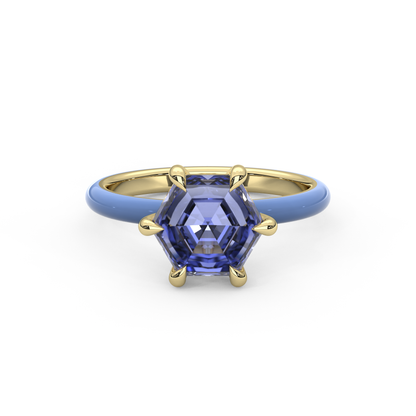 Cornflower Blue Step Cut Hexagon Lab Sapphire Ring