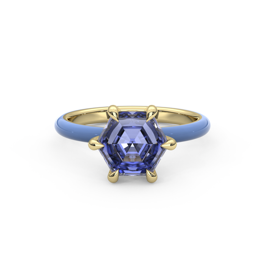 Cornflower Blue Step Cut Hexagon Lab Sapphire Ring