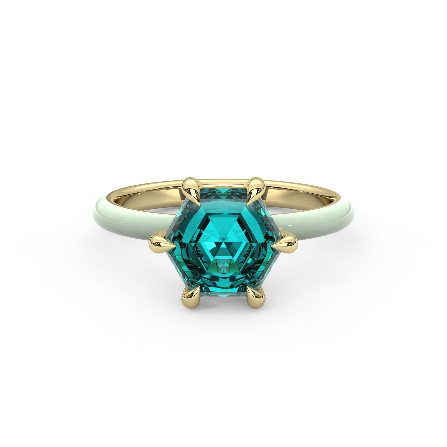 Teal Step Cut Hexagon Lab Sapphire Ring