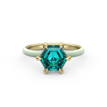 Teal Step Cut Hexagon Lab Sapphire Ring