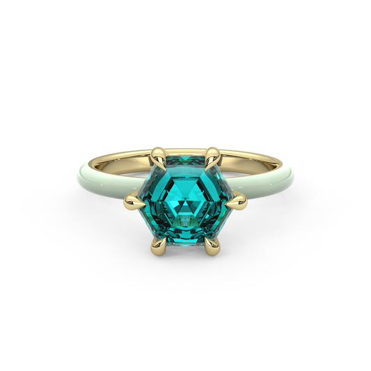 Teal Step Cut Hexagon Lab Sapphire Ring