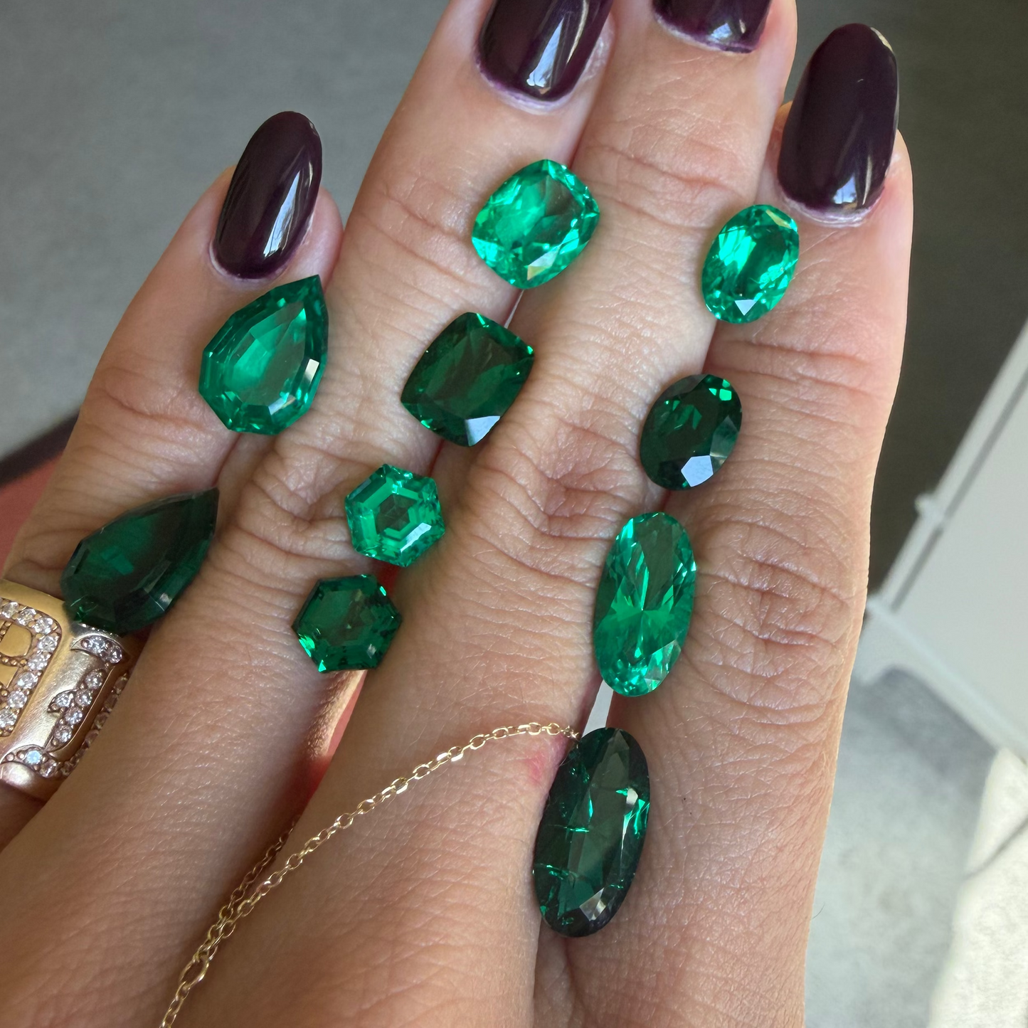 Emerald Green Step Cut Pear Lab Sapphire Ring