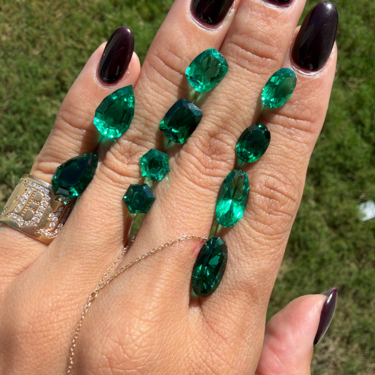 Emerald Green Step Cut Pear Lab Sapphire Ring