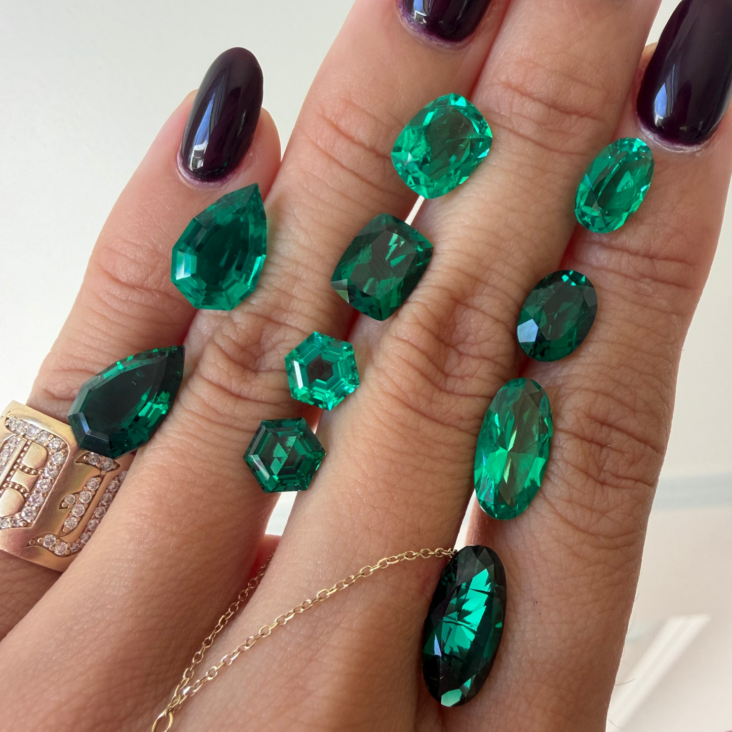 Emerald Green Elongated Cushion Lab Sapphire Ring