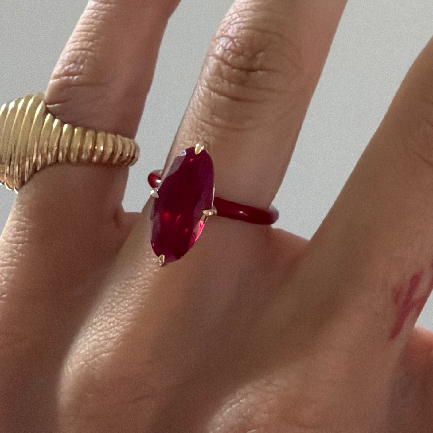 Ruby Red Moval Lab Sapphire Ring